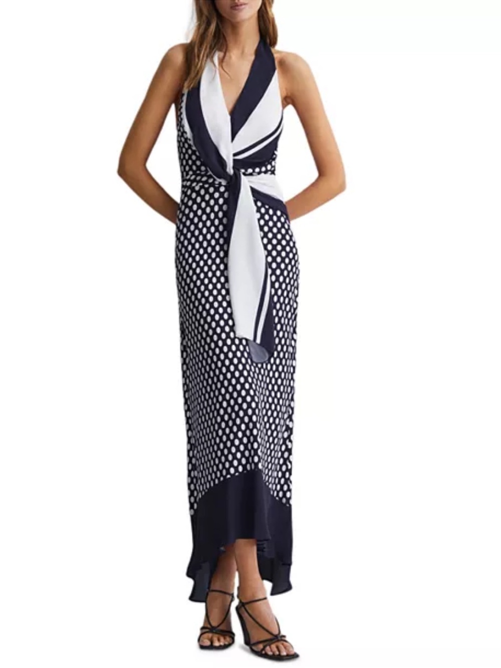 NWT Reiss Amelia Polka Dot Draped Midi Dress Navy Blue White Halter Sz 10